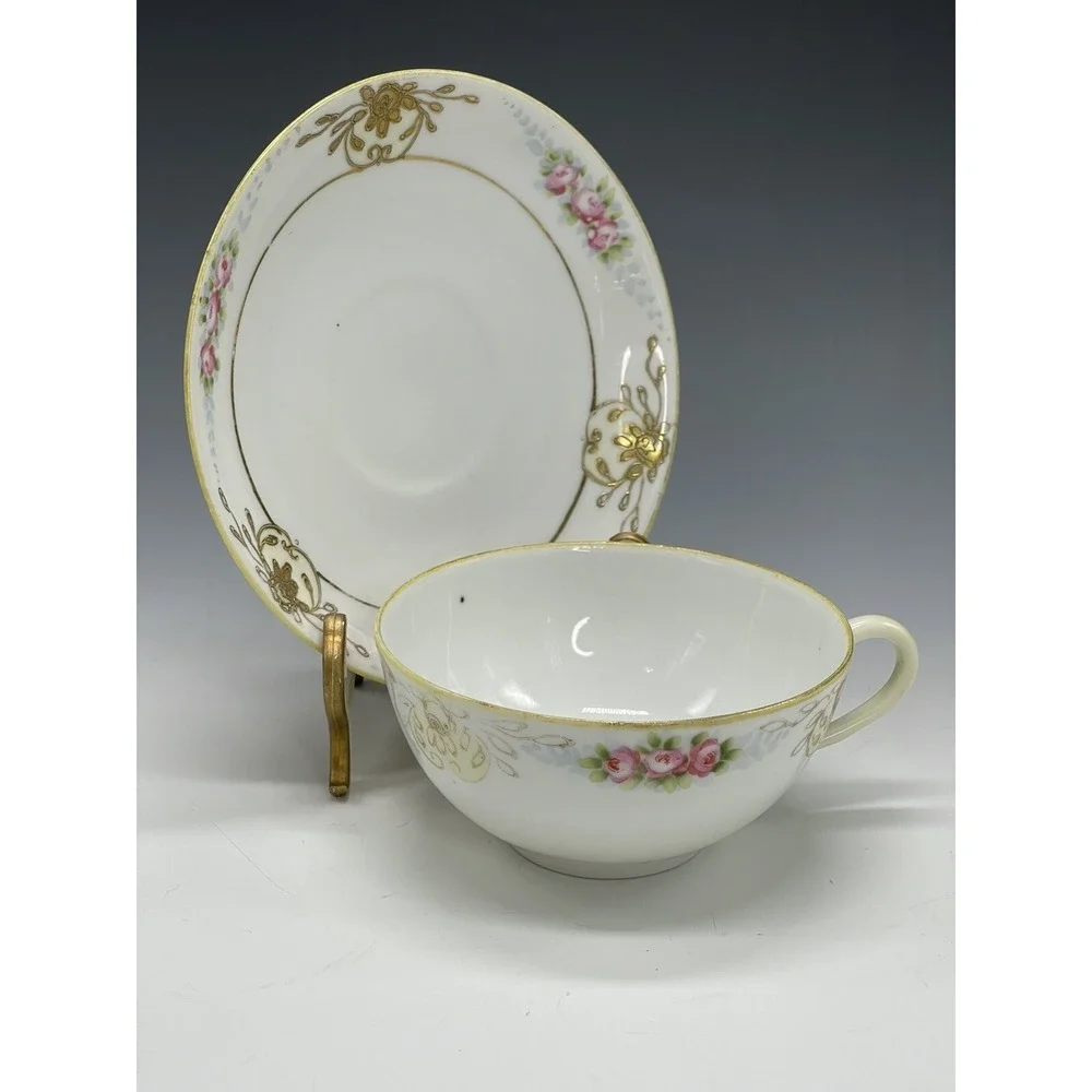 Antique Nippon Teacup & Saucer Plate Hand‎ Painted Floral A50